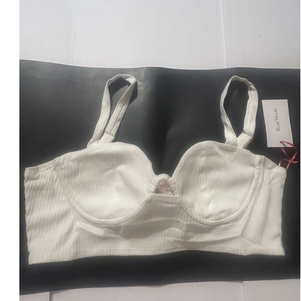 Rosevelvet White Ribbed Bustier Bralette Top Underwire Keyhole 1XL NEW